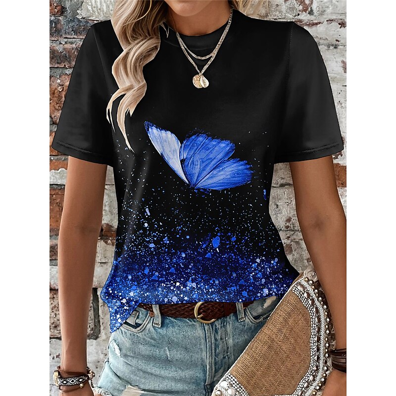 Women's T Shirt Butterfly Fashion Short Sleeve Round Neck Regular Tops Daily Weekend Print Blue Purple Fuchsia Light Blue Summer3