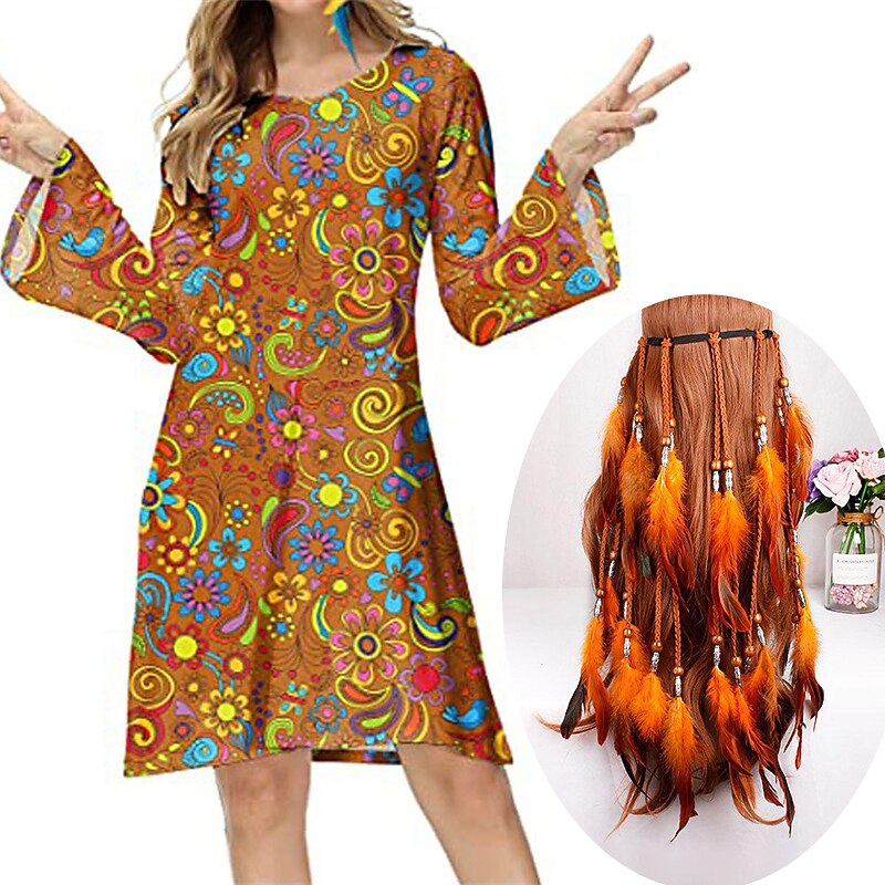 Set with Hippie Dress Boho Style Feather Hair Band 2 PCS Retro Vintage 1970s Disco Dress Women's Cosplay Costume Vintage Party Evening Long Sleeve Dress Casual Daily