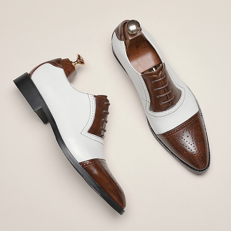 Men's White and Brown Faux Leather Oxford Shoes with Brogue Detailing - Classic Formal Dress Shoes for Business or Events2