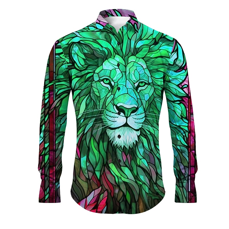 Men's Lion Shirt Button Up Shirt Long Sleeve Abstract Daily Wear Going out Spring & Summer Turndown Print Button-Down Yellow Red Blue Purple Green3