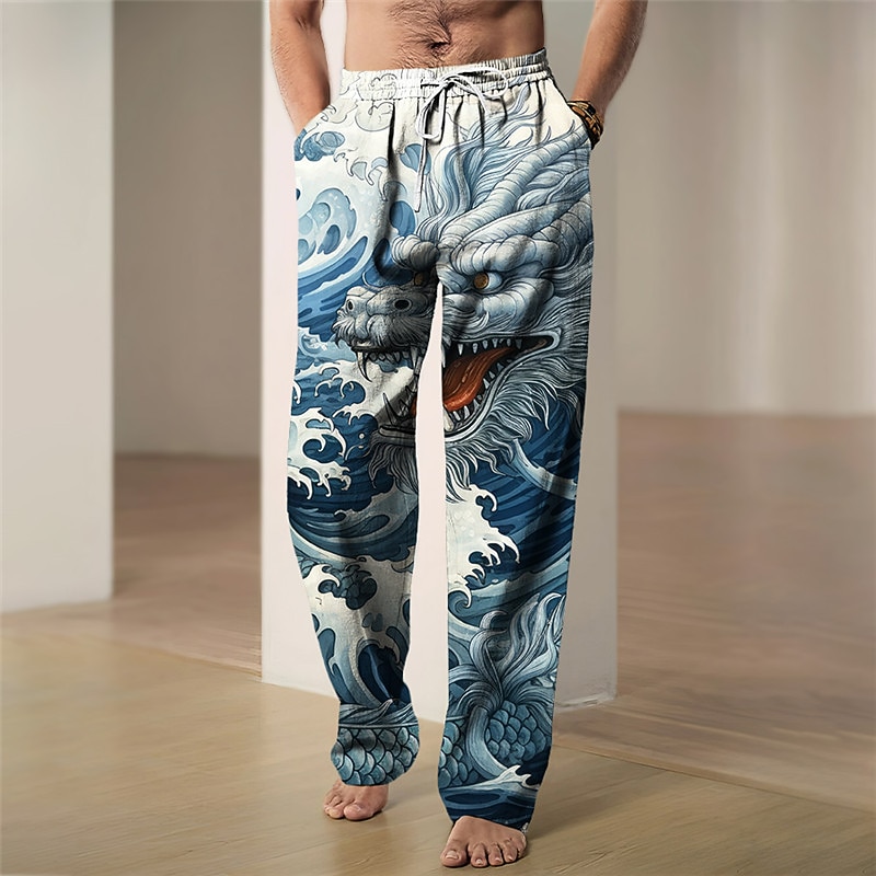 Dragon Vintage Men's 3D Print Pants Trousers Outdoor Daily Wear Streetwear Polyester Blue Brown Green S M L Medium Waist Elasticity Pants