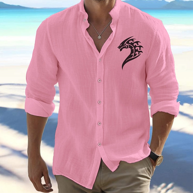 Men's Shirt Beach Shirt Button Up Shirt Viking Outdoor Vacation Black White Pink Orange Long Sleeve Standing Collar Spring &  Fall Clothing Apparel Print