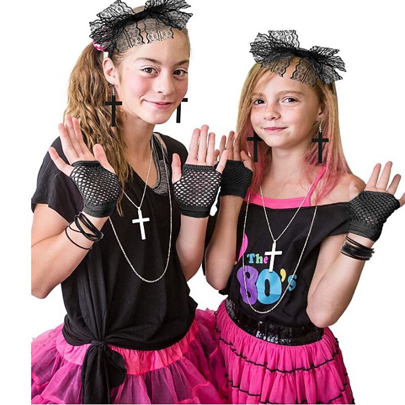 Halloween Hot Selling 80s Theme Ball Set Lace Bow Headband Gloves Cross Necklace Set4