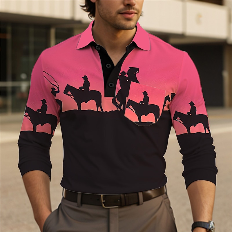 Men's Cowboy Polo Shirts Cable Knit Polo Long Sleeve Polo Shirts Turndown Vintage Outdoor Casual Daily Streetwear 3D Print Summer Pink Dark Pink Purple4