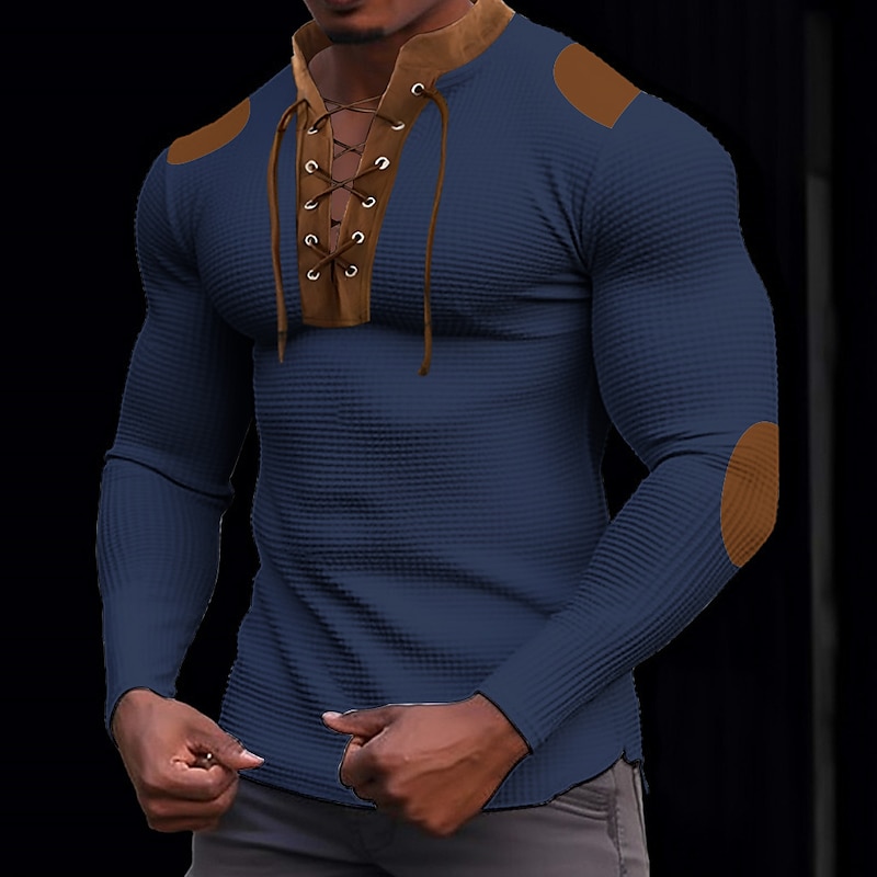 Men's T Shirt Waffle Knit Tee Tee Top Long Sleeve Shirt Long Sleeve Standing Collar Spring &  Fall Color Block Fashion Designer Basic Lace up Patchwork Vacation Street Going out Black White Blue Top2