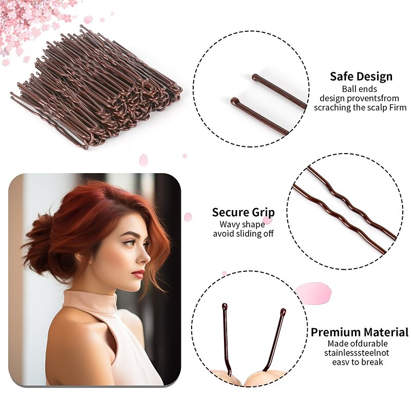 U Shaped Hair Pins, 200PCS 2.4inch Bun Hair Pins for Women Kids Girls Hairdressing Salon with Storage Box, for All Hair Types - Brown3
