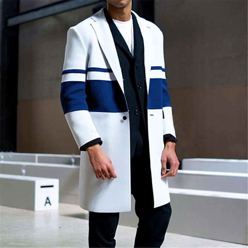 Men's Stripe Winter Coat Overcoat Coat Warm Comfortable Breathable Fashion Streetwear Business Work Wear to work Going out Pocket Print Fall & Winter Turndown Long Sleeve White Red Blue2