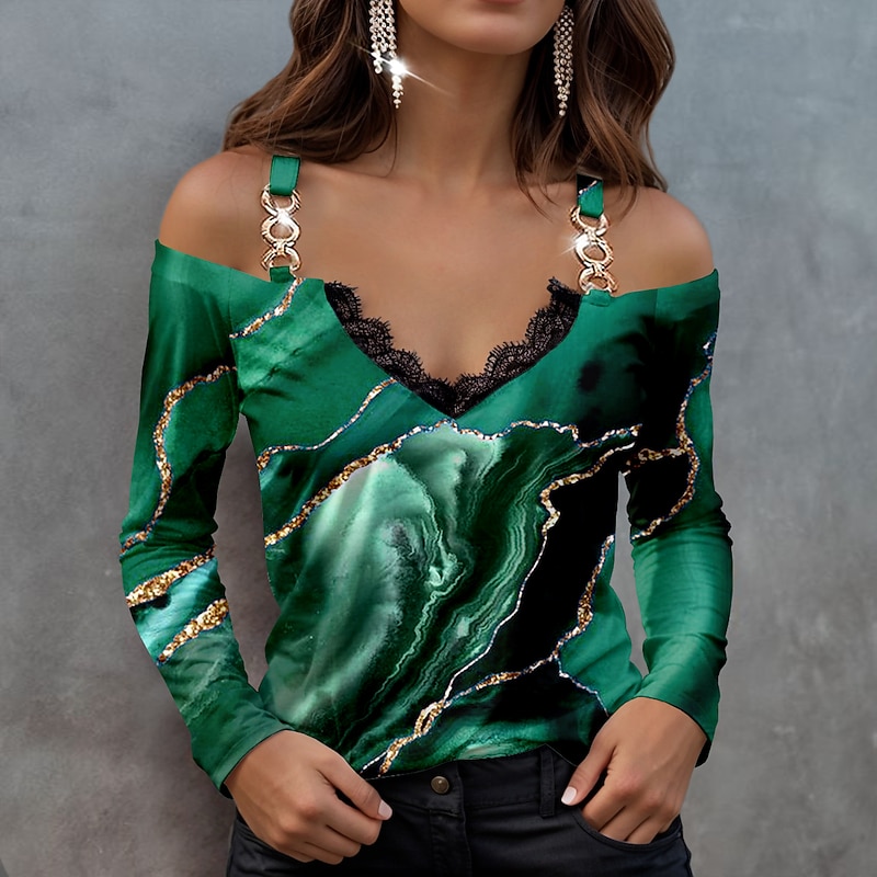 Women's Blouse Long Sleeve  V Neck Fashion Abstract Print Cold Shoulder Regular Tops  Casual Red Blue Green Spring &  Fall3