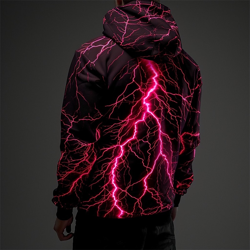 Men's Graphic Lightening Hoodie Hoodies Sweatshirt Fashion Daily Long Sleeve Hooded Vacation Sports Outdoor Holiday Red Blue Print Front Pocket Spring &  Fall Designer2