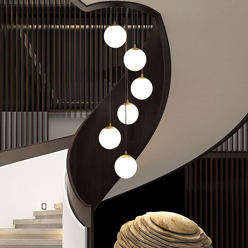 Staircase Chandelier 3/6/9 Light High Ceiling Modern LED Glass Round Nordic Art Chandelier Long Chandelier White Living Room Restaurant Hotel Corridor Entrance Stairs
