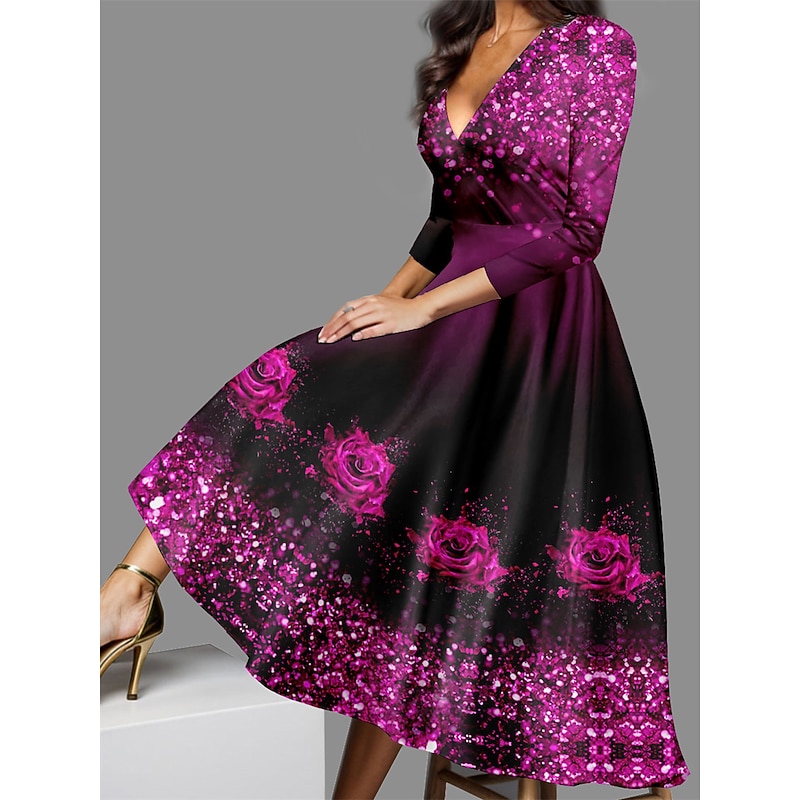 Valentine's Day Women's Midi Dress Casual Dress Winter Dress Swing Dress Semi Formal Dress Streetwear A Line Formal Vacation Party Regular Fit Floral 3/4 Length Sleeve V Neck Yellow Red Blue Purple2