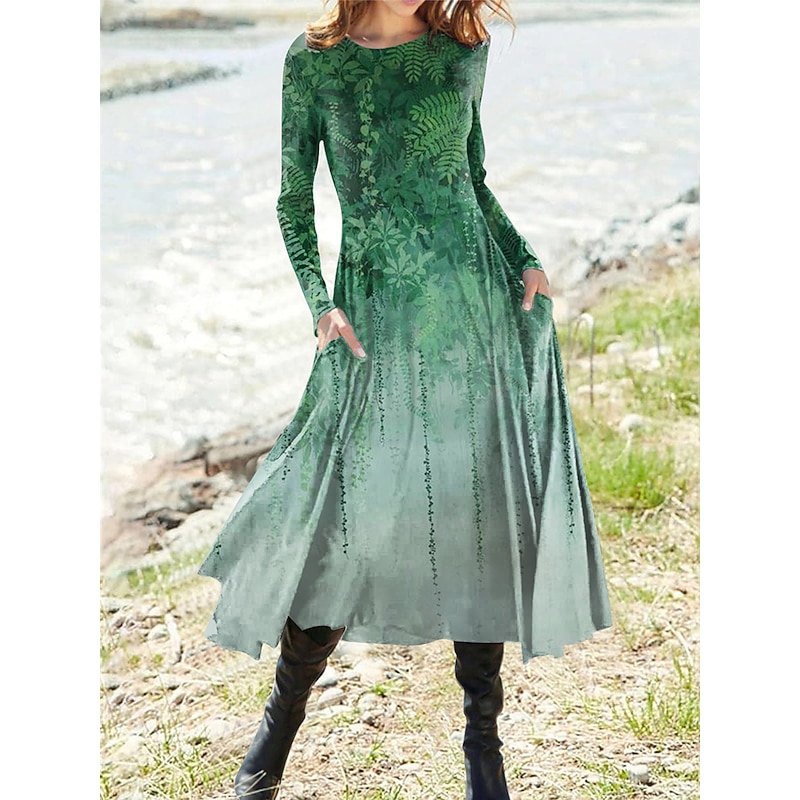 Women's Midi Dress Vintage Dress Casual Dress Winter Dress Swing Dress Vintage Ethnic Tribal Formal Vacation Party Regular Fit Floral Long Sleeve Crew Neck Wine Purple Green Khaki Fall Winter