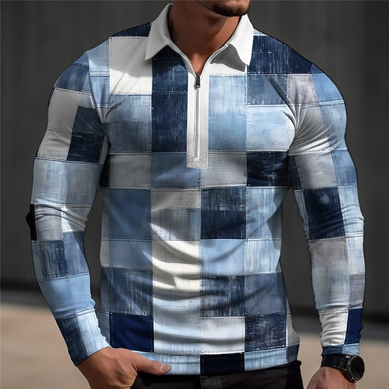 Men's Plaid / Check Waffle Polo Shirts Polo Shirts Golf Polos Shirts Long Sleeve Polo Shirts Turndown Zip Casual Outdoor Casual Daily Streetwear 3D Print Spring Blue Green Khaki