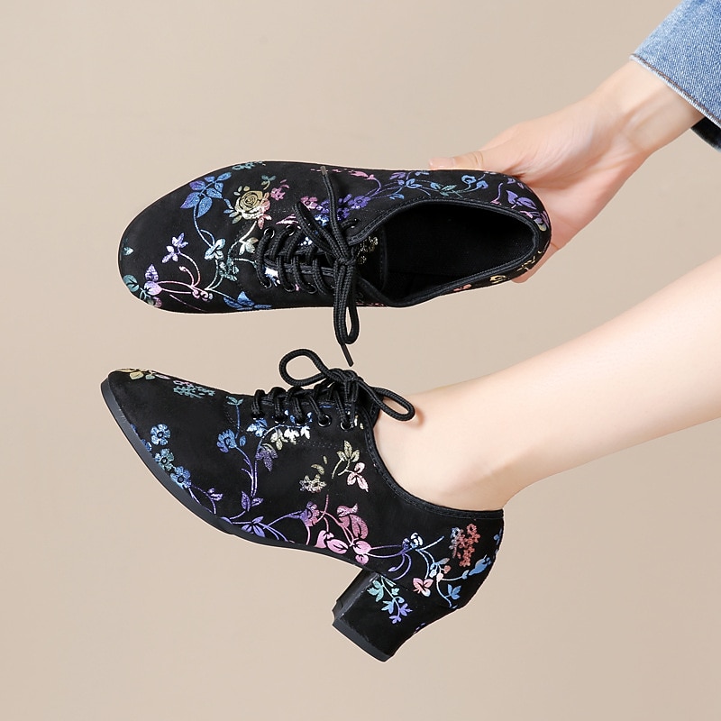 Women's Floral Embroidered Breathable Mesh Lace-Up Dance Shoes with Low Block Heel – Perfect for Ballroom and Latin Dance4