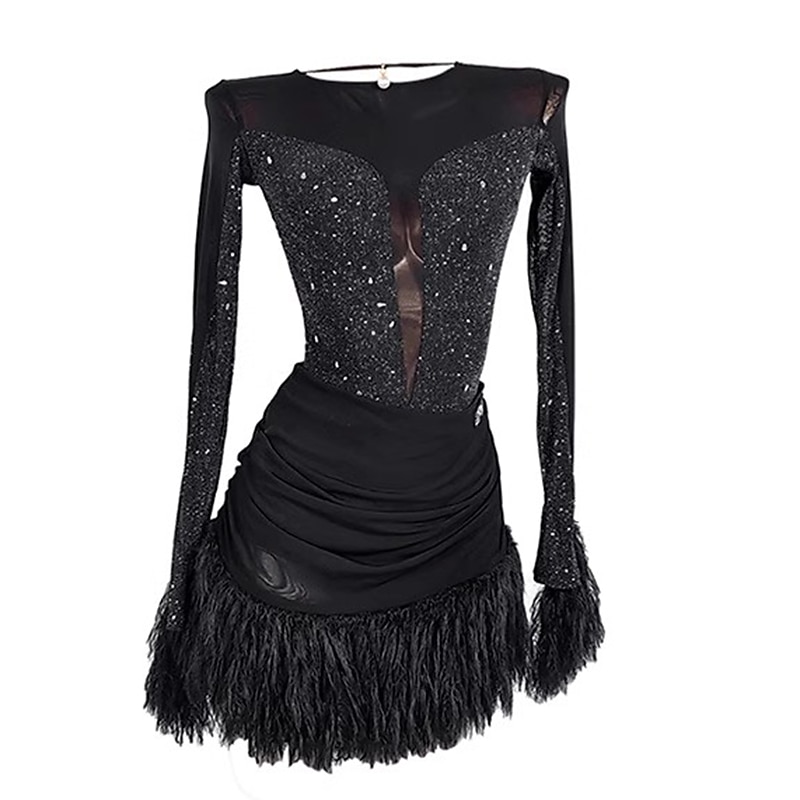 Dance Salsa Latin Dance Dress Tassel Pure Color Splicing Women's Performance Training Long Sleeve Mesh Stretch Yarn3