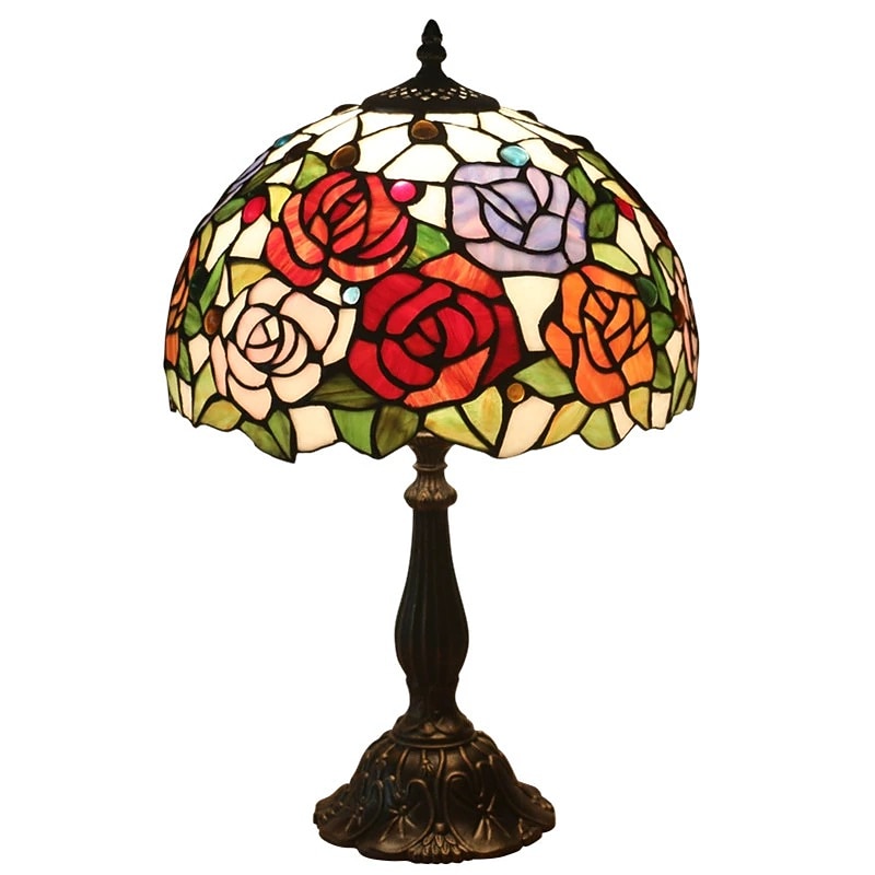 Stained Glass Rose Table Lamp Art Glass Desk Lamp Table Light 19 Inch Tall 12 Inch Wide Lamp Shade Reading Beside Lamp Antique Zinc Base for Living Room Bedroom Glass 110-240V4