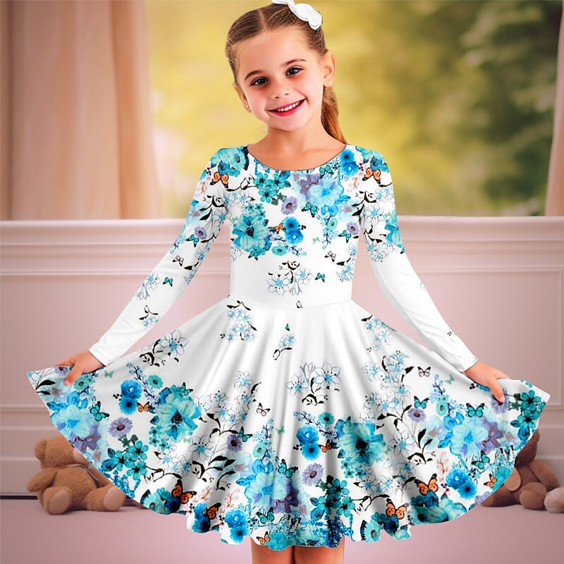 Easter Carnival Girls' 3D Floral Dress Pink Long Sleeve 3D Print Spring Fall Vacation Sports & Outdoor Daily Cute Casual Beautiful Kids 3-12 Years Casual Dress A Line Dress Above Knee Regular Fit2