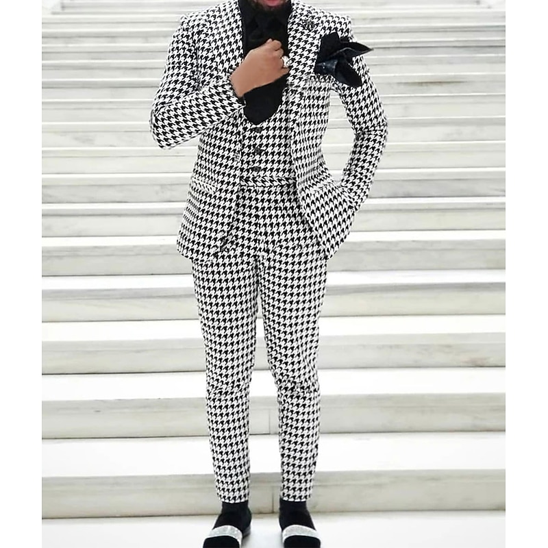 Men's Wedding Suits Peak Black White Fashion Business Houndstooth Tailored Fit 3 Piece Single Breasted One-button3