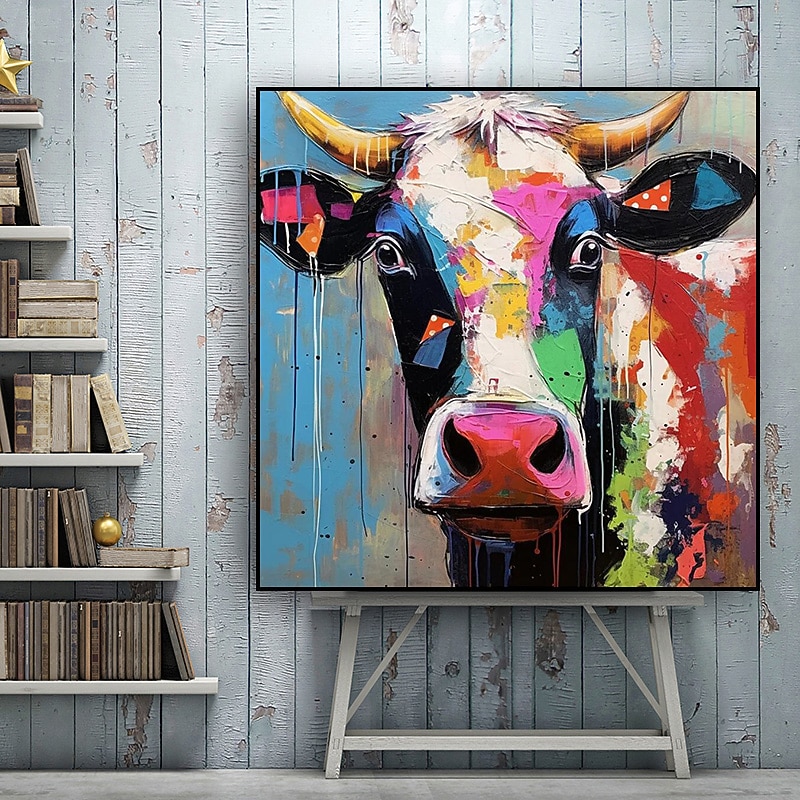 Hand-painted Colorful Cow Painting on Canvas Palette Knife Heavy Textured Painting Square Wall POP Art Farmhouse Cattle Artwork Gift No Frame2