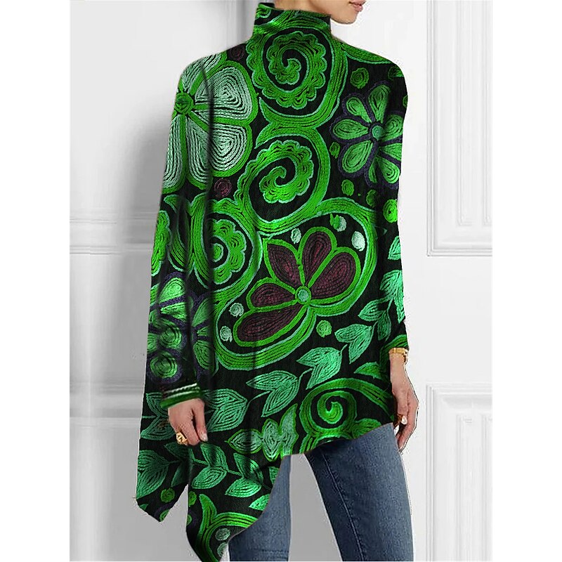 Women's T Shirt Fashion Floral Print Asymmetric Hem Long Sleeve Long Tops High Neck Casual Holiday Red Blue Green Spring &  Fall4