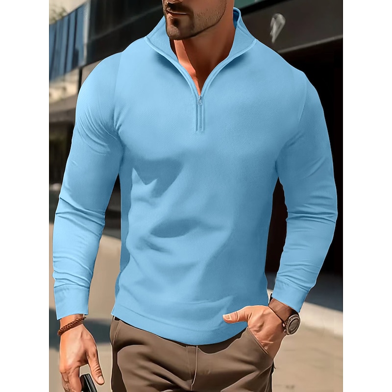 Men's Polo Shirt High Neck Outdoor Casual Lapel Quarter Zip Long Sleeve Fashion Basic Waves Solid / Plain Color Quarter Zip Spring &  Fall Regular Fit Black White Dark Navy Blue Polo Shirt