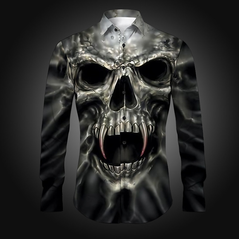 Men's Skeleton Halloween Costumes Shirt Button Up Shirt Long Sleeve Gothic Daily Wear Going out Spring & Summer Turndown Print Button-Down Yellow Purple Khaki Gray