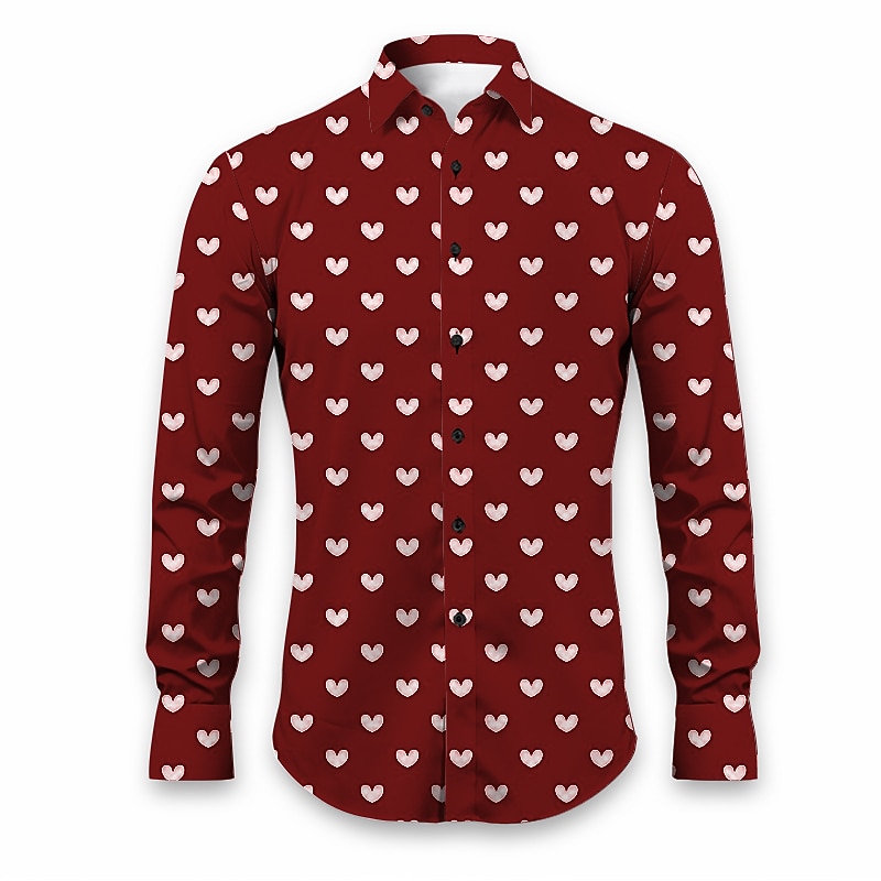 Valentine's Day Men's Heart Shirt Button Up Shirt Long Sleeve Casual Daily Wear Going out Fall & Winter Turndown Print Button-Down Black Burgundy Blue Purple Orange