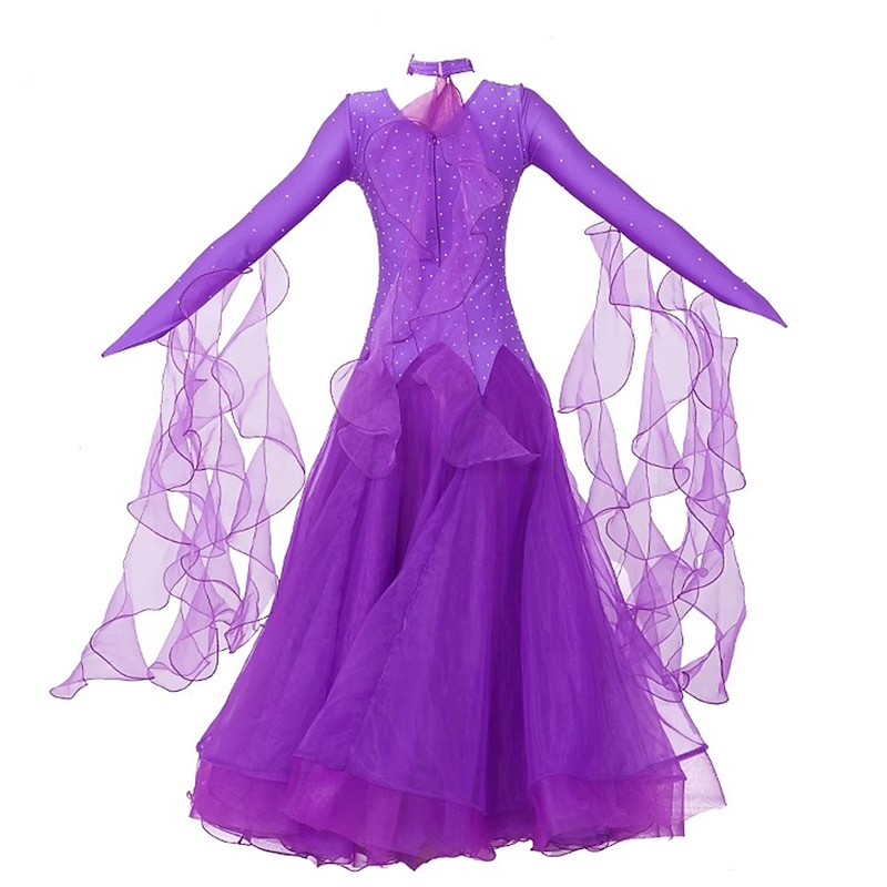 Ballroom Dance Dress Splicing Crystals / Rhinestones Women's Performance Party Long Sleeve Spandex Organza3