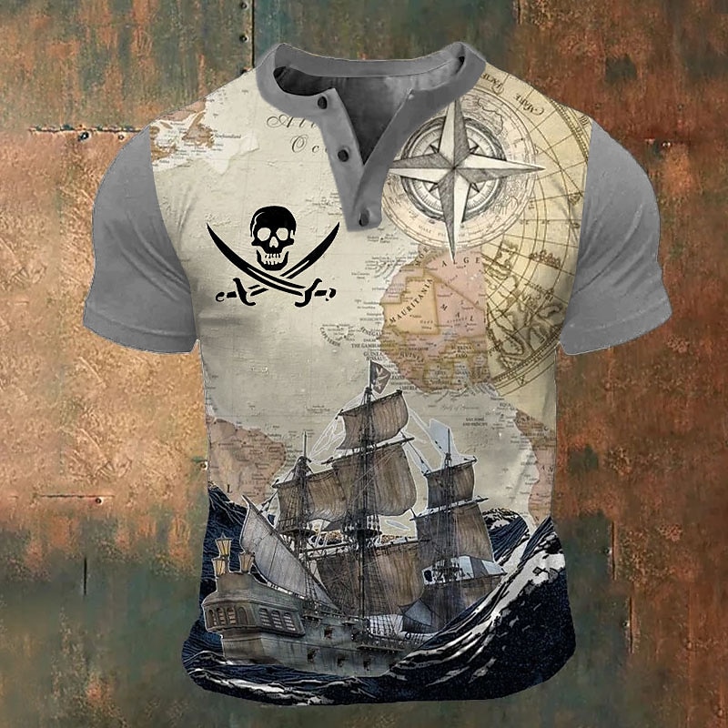 Men's Graphic Ship T shirt Henley Shirt Short Sleeve 3D Print Fashion Retro Vintage Classic Sports Outdoor Holiday Going out Spring & Summer Black Brown Dark Blue Gray Henley Henley T-Shirt4