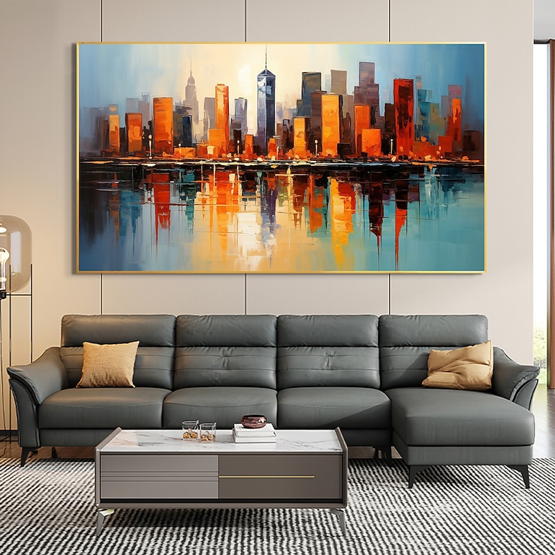 Handmade Original City Landscape Oil Painting On Canvas Wall Art Decor Coastal Building Painting for Home Decor With Stretched Frame/Without Inner Frame Painting
