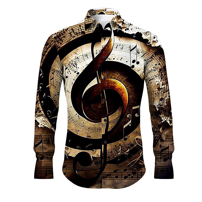 Men's Boardmasters Musical Notes Shirt Button Up Shirt Long Sleeve Vintage Artistic Daily Wear Going out Spring & Summer Turndown Print Button-Down Blue Brown Green Gray