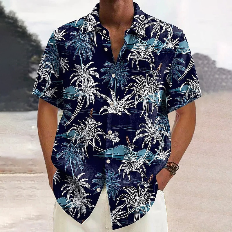 Men's Graphic Palm Tree Palm Leaf Summer Hawaiian Shirt Aloha Shirt Short Sleeve Shirt Turndown Hawaiian Outdoor clothing Daily Wear Weekend Blue Gray S M L