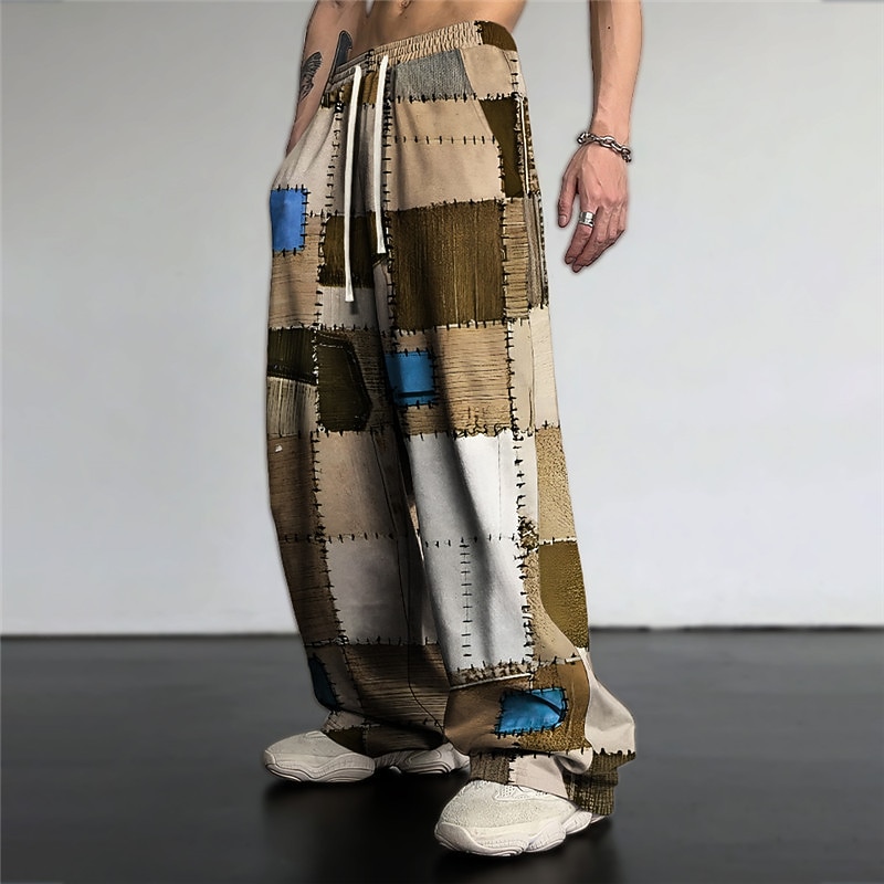 Color Block Plaid / Check Casual Men's 3D Print Pants Trousers Outdoor Daily Wear Streetwear Polyester Blue Purple Brown S M L Medium Waist Elasticity Pants3