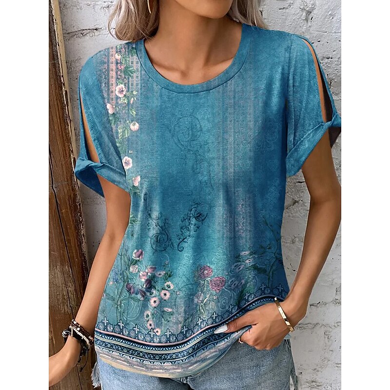 Women's Boho T-shirt T Shirt Floral Fashion Short Sleeve Round Neck Regular Tops Casual Holiday Cut Out Red Blue Purple Green Summer2