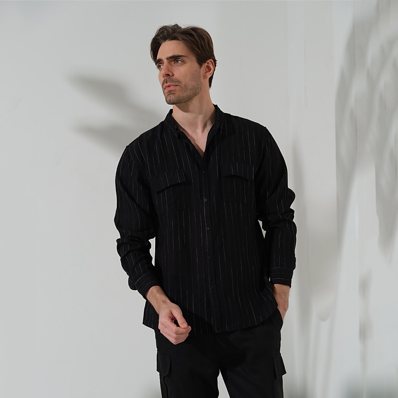 100% Linen Pocket Men's Shirt Linen Shirt Button Up Shirt Black Navy Blue Long Sleeve Plain Lapel Spring &  Fall Outdoor Vacation Clothing Apparel2
