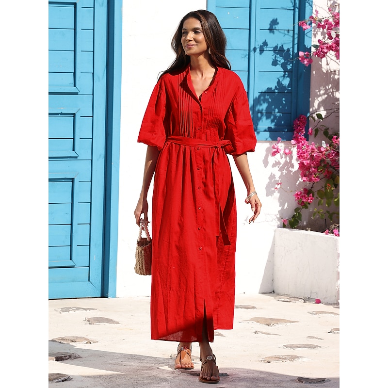 Women's Linen Cotton Shirt Maxi Dress Red Casual Collared Button-Down Loose Fit Puff Sleeve Belted4