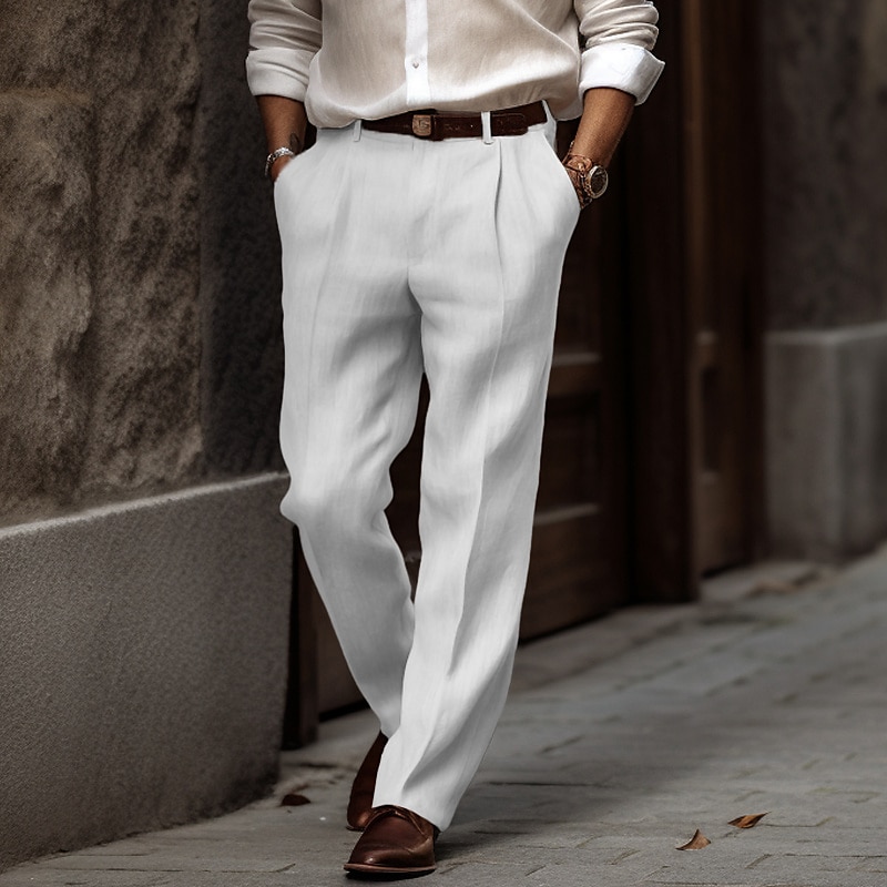 Men's Linen Pants Summer Pants Buttons Front Pocket Straight Leg Plain Comfort Breathable Casual Daily Holiday Fashion Basic Black White4