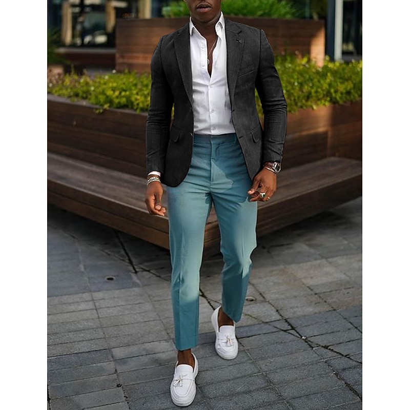 Men's Blazer Jacket Linen Blazer Notch Collar Fashion Casual Solid Colored Dark Khaki Black Yellow Tailored Fit Single Breasted Two-buttons2