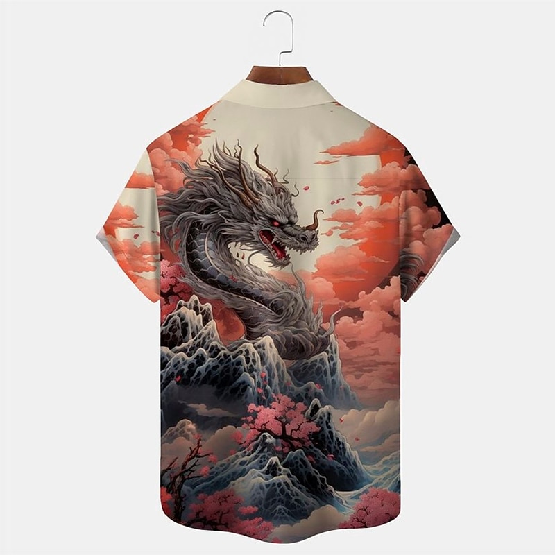Men's Tiger Dragon Shirt Button Up Shirt Short Sleeve Artistic Abstract Daily Wear Going out Weekend Autumn / Fall Turndown Print Button-Down Pink Blue Khaki3