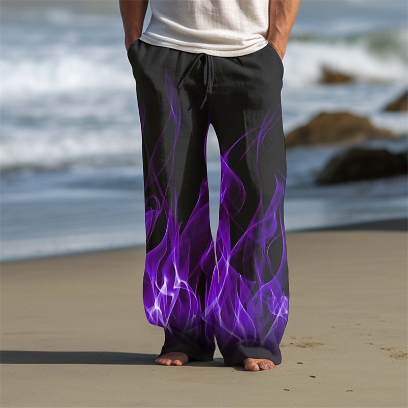 Men's Fire Linen Pants Pants Trousers Baggy Pants Mid Waist Vintage Outdoor Daily Wear Streetwear Fall & Winter Black Red Blue3