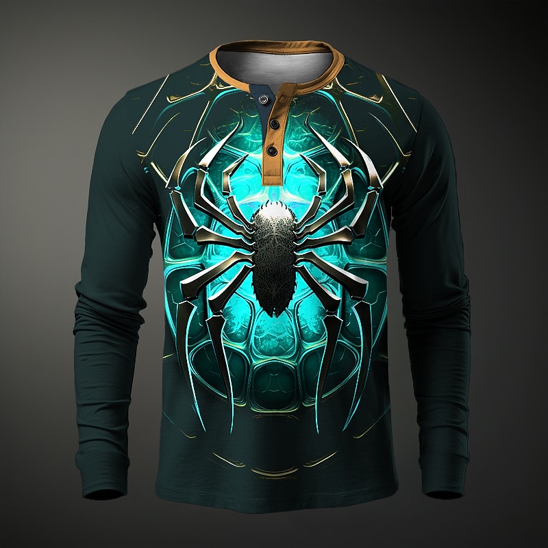 Men's Graphic Spiders Henley Shirt Long Sleeve 3D Print Fashion Daily Casual Casual Holiday Going out Spring &  Fall Yellow Red Blue Purple Henley Henley T-Shirt3