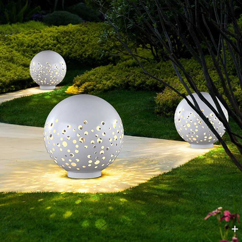 Waterproof Round Metal Hollow White Modern Outdoor Lanterns Lawn Lamp 110-240V3
