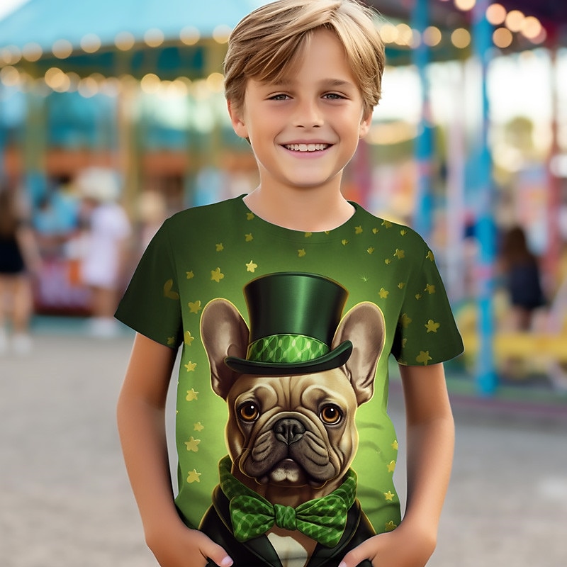 St. Patrick Boys 3D Dog Four Leaf Clover Tee Shirt Short Sleeve 3D Print Summer Active Sports Fashion Polyester Kids 3-12 Years Crew Neck Outdoor Casual Daily Regular Fit
