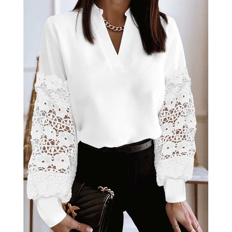 Women's Lace Shirt Blouse Eyelet top White Lace Shirt Elegant Color Block Lace Patchwork Puff Sleeve Long Sleeve V Neck Casual Denim Blue Black White Khaki Fall