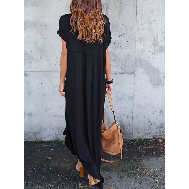 Women's Casual Dress Long Dress Maxi Dress Cotton Pocket Split Date Maxi Basic V Neck Short Sleeve Black White Pink Color 12