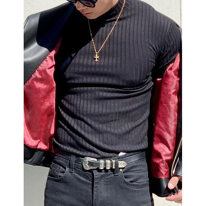 Men's T Shirt Knit Tee Tee Top Long Sleeve Shirt Long Sleeve Turtleneck Spring &  Fall Plain Pit Strip Fashion Designer Basic Vacation Street Going out Black White Gray Top Tee for Men2