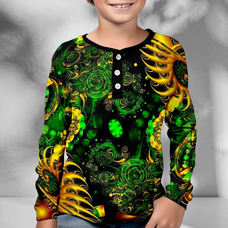 St. Patrick Boys 3D Graphic Henley Shirt Long Sleeve 3D Print Spring Fall Sports Fashion Streetwear Polyester Kids 3-12 Years Crew Neck Outdoor Casual Daily Regular Fit