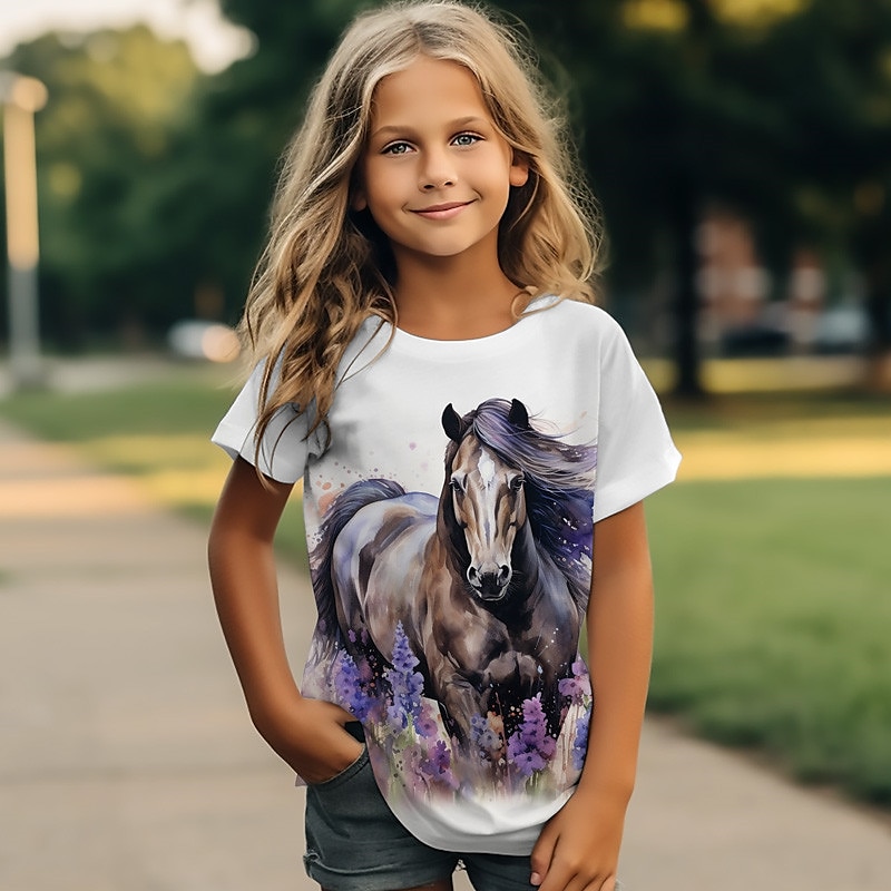 Girls' 3D Horse Tee Shirts Short Sleeve 3D Print Summer Active Fashion Cute Kids 3-12 Years Crew Neck Outdoor Casual Daily Regular Fit4