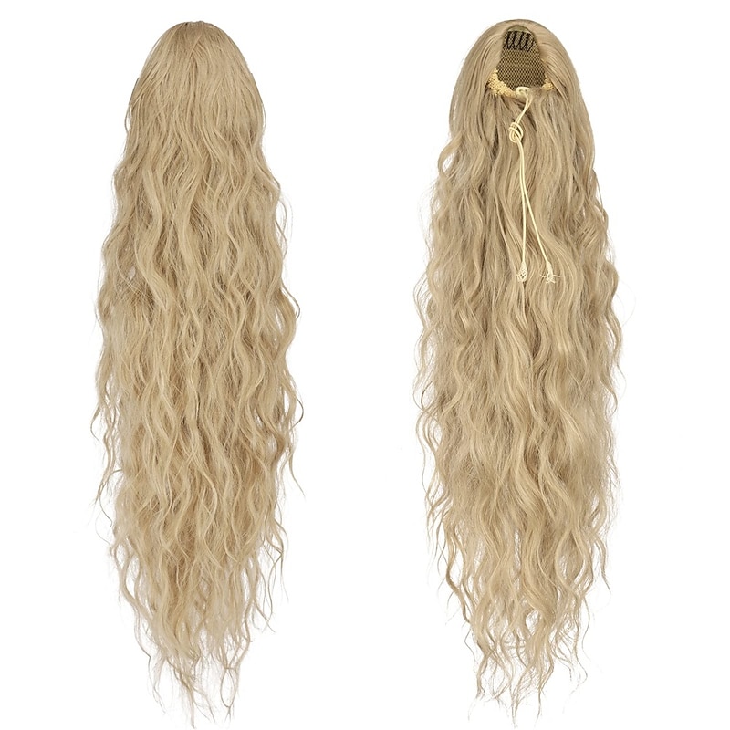 Long Curly Wavy Drawstring Ponytail Extensions Clip in Wavy Synthetic Hairpieces Drawstring Ponytails Hair Piece Pony Tail Extension for Women Ash Blonde 26 inch2