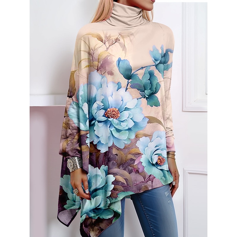 Women's T Shirt Fashion Floral Print Asymmetric Hem Long Sleeve Regular Tops High Neck Casual Holiday Pink Blue Green Khaki Spring & Fall3